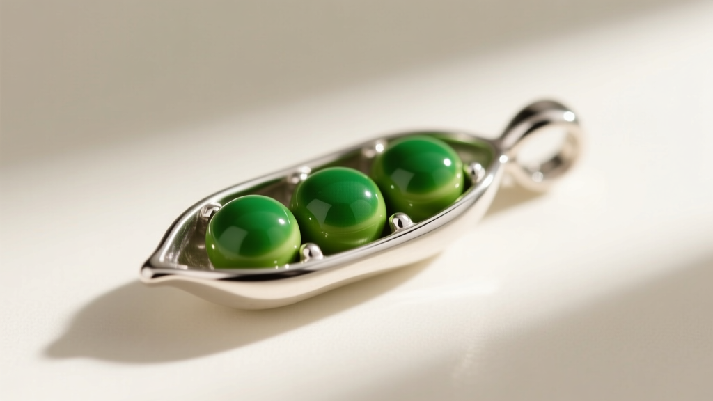 Macro shot of a sterling silver pea pod pendant with green enamel peas, showing the smooth metal bezel and highly glossy surface finish