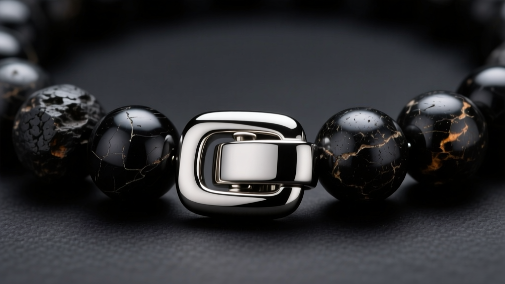 Close-up of a steel magnetic clasp on a black lava rock bead necklace, dark background, sharp focus, moody studio lighting.