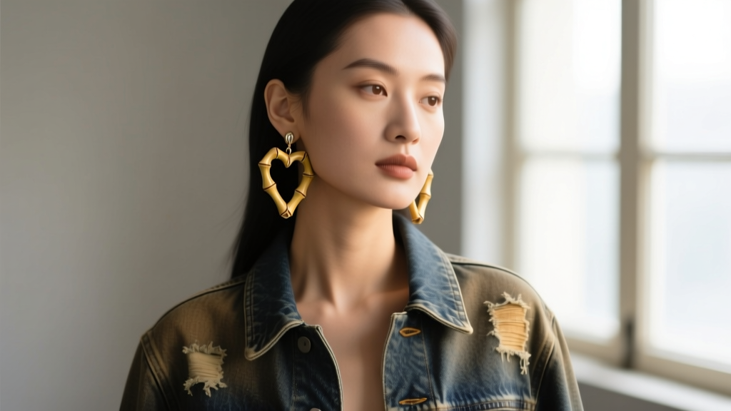 Portrait of a woman wearing 60mm heart bamboo earrings with a vintage streetwear denim jacket under soft natural window lighting.