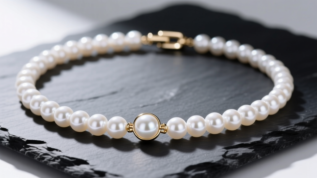 Close-up of an 18-inch white Akoya pearl necklace on dark slate, showing sharp mirror-like luster and a 14k white gold clasp.