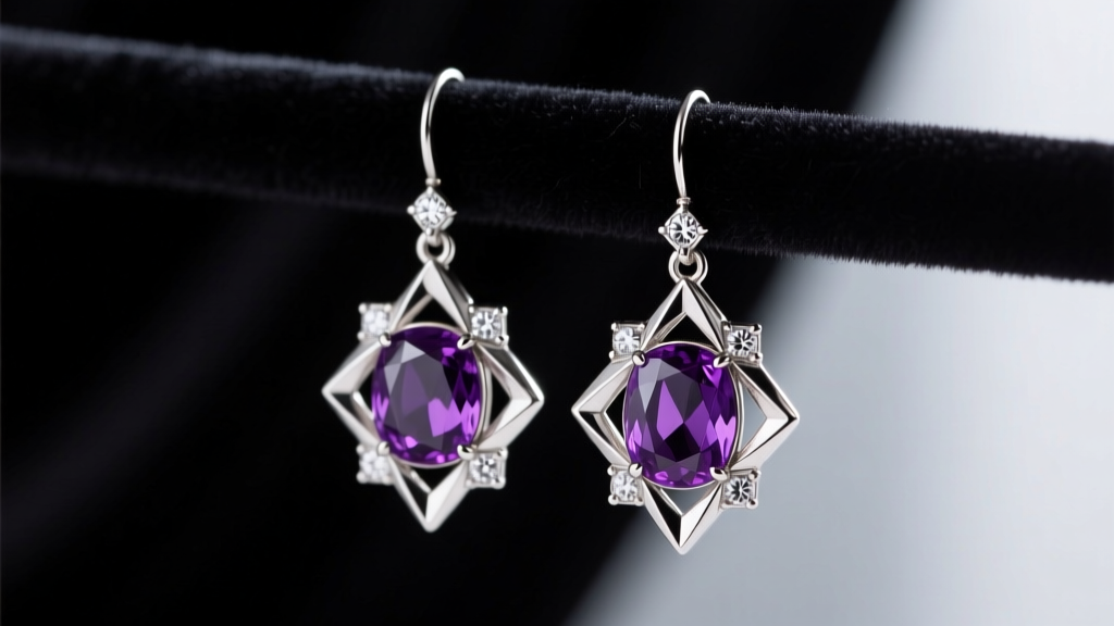 Macro shot of 1920s platinum art deco amethyst drop earrings with geometric diamond halos and deep purple gems on dark velvet.