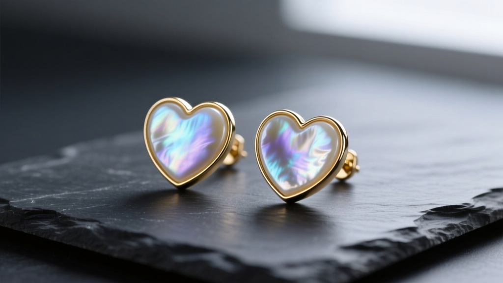 Mother of pearl heart earrings resting on dark slate, highlighting iridescent nacre luster and delicate gold bezels.