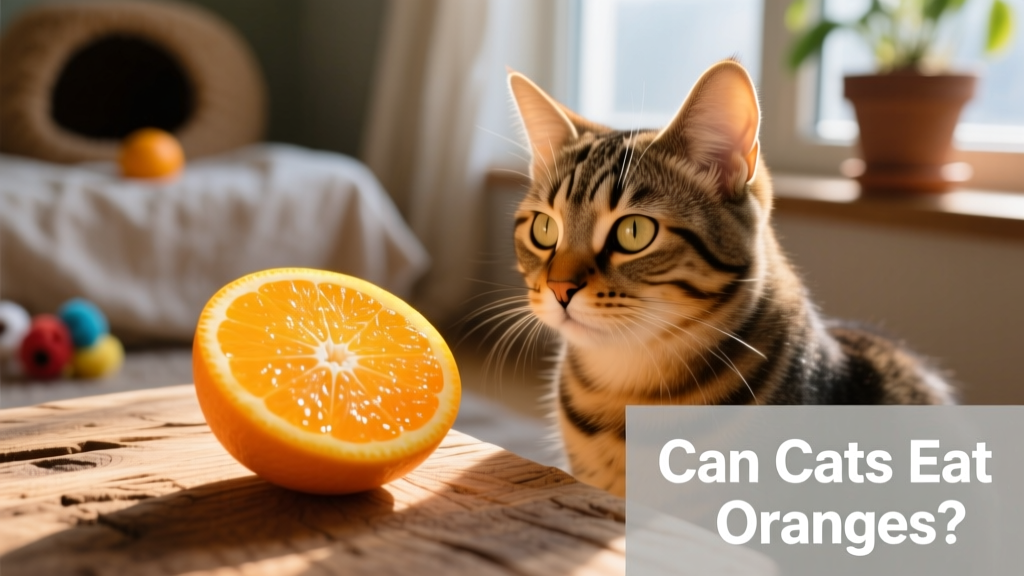 Close-up of an orange slice next to a curious cat looking away, illustrating natural feline aversion to citrus