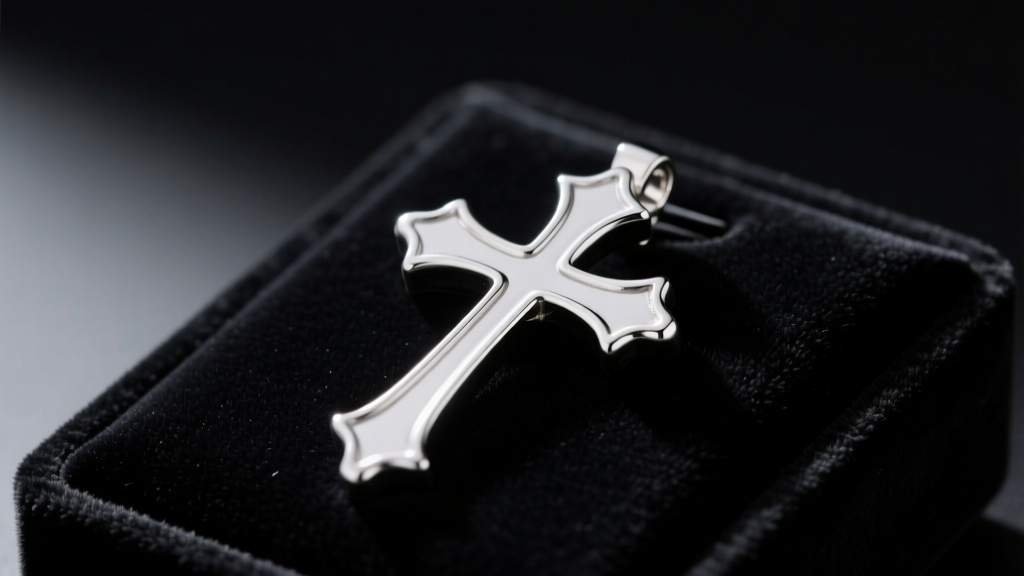 Side profile of a solid 925 sterling silver gothic cross showing its 8mm thickness, resting on a dark velvet jewelry display pad.