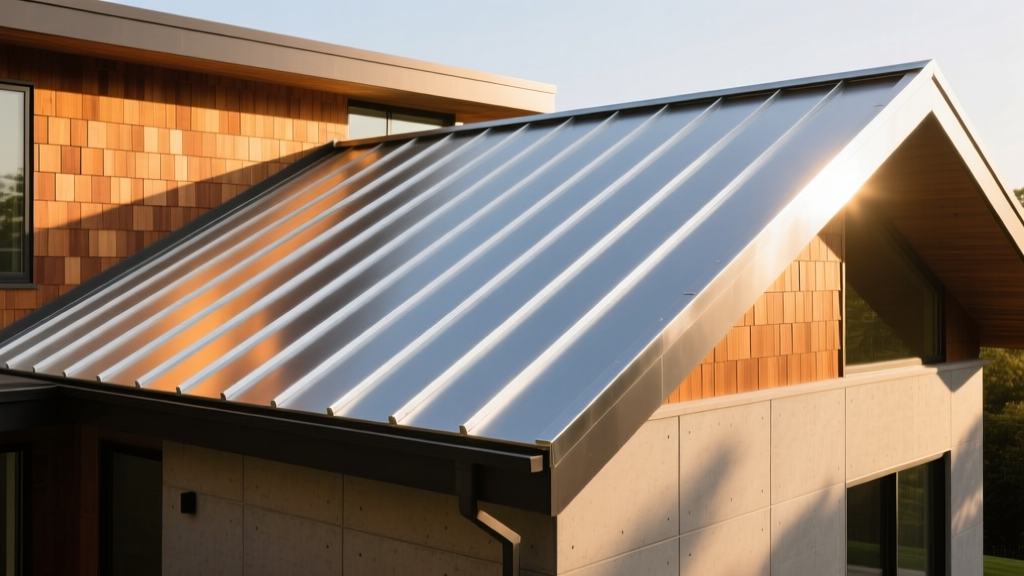 Standing seam steel roof material reflecting sunlight on a modern home, visually contrasting with adjacent cedar shakes and concrete tiles
