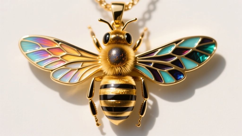 Macro shot of a gold bee pendant wing comparing painted cold enamel beside kiln-fired guilloché vitreous enamel under bright lighting.
