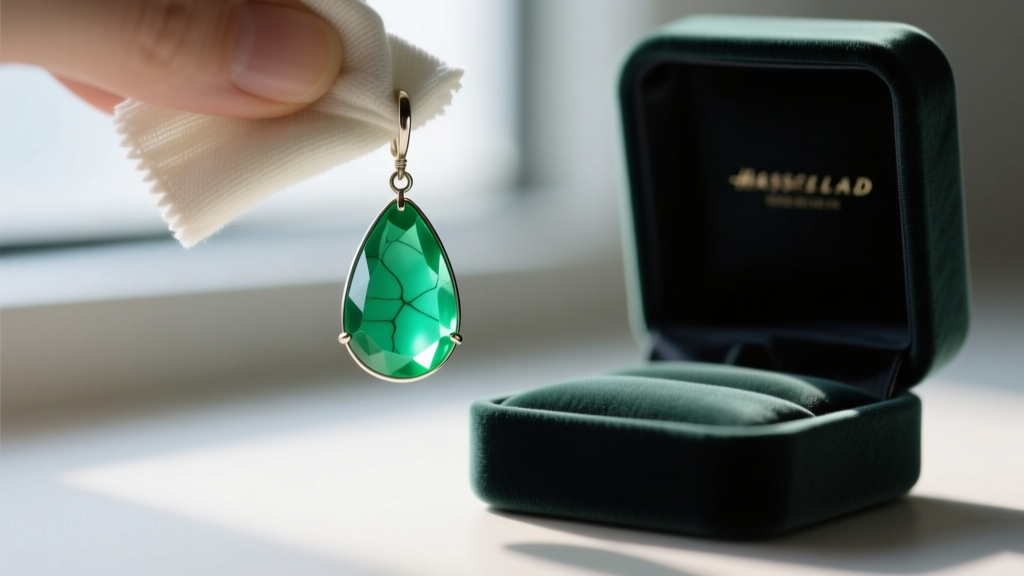Macro shot of an apple-green chrysoprase drop earring wiped with a soft cloth beside a dark UV-blocking velvet jewelry box