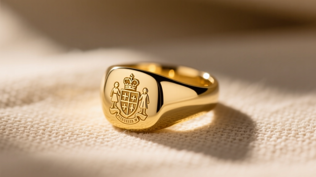 Solid 18k yellow gold signet ring with a minimalist family crest, resting on textured beige linen in warm directional sunlight.