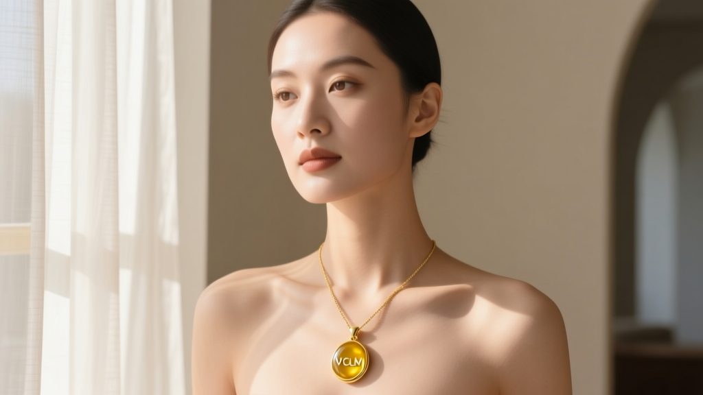Woman wearing a VCLM necklace highlighting rich yellow gold tone against neutral skin in soft natural window daylight settings