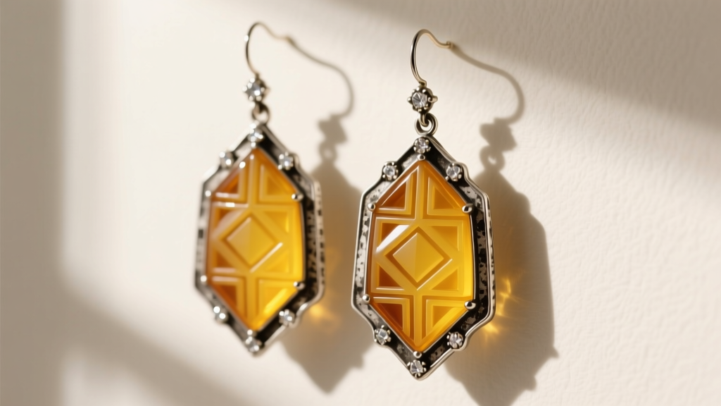 Art Deco antique amber drop earrings with geometric carved yellow resin panels and marcasite accents on tarnished sterling silver.