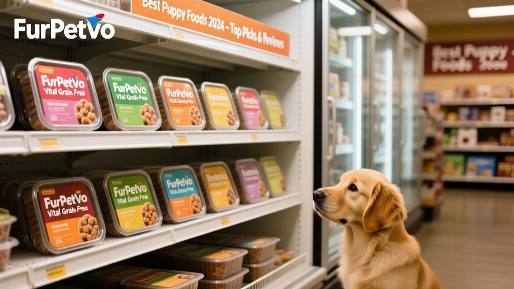 Refrigerated FurPetVo Vital Grain-Free Puppy Food trays arranged neatly in a PetSmart cooler section
