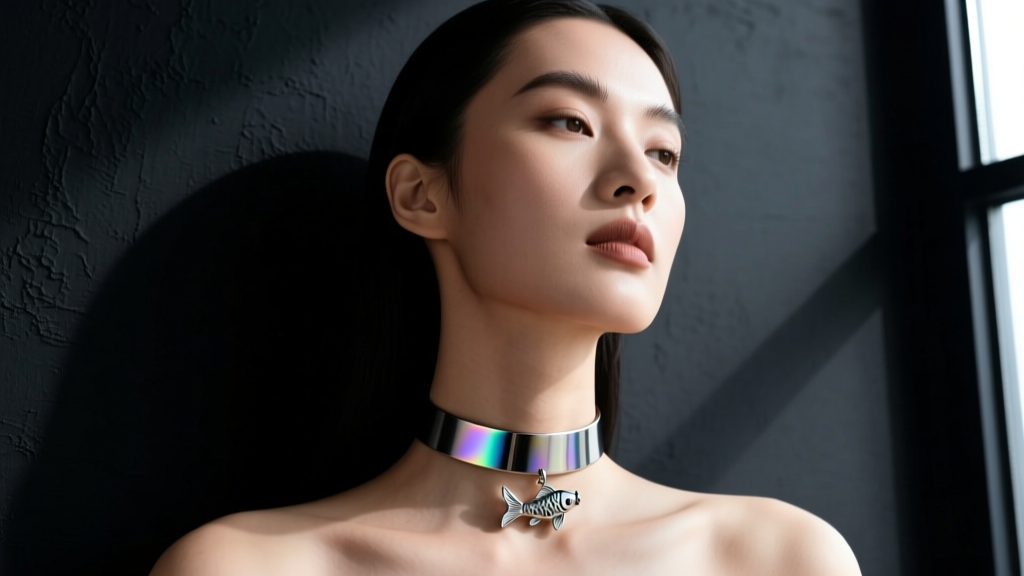 Profile of a model wearing a 14-inch titanium choker with a koi charm, highlighting the jawline against a dark, moody backdrop