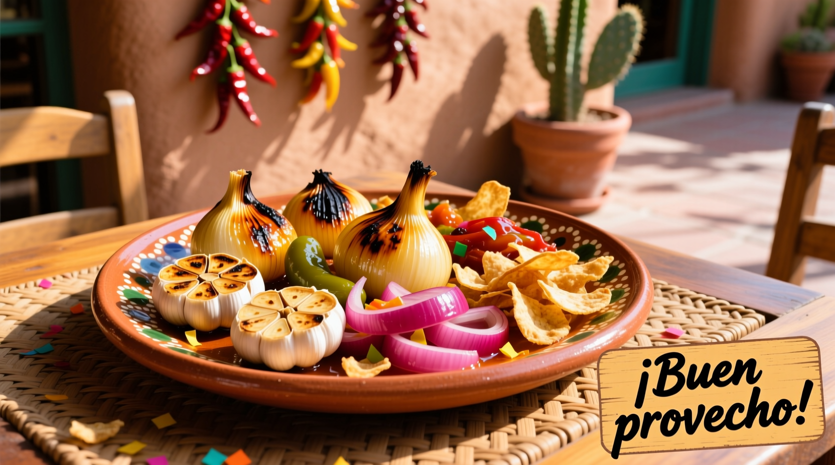 Colorful platter of garlic and onion dishes at Pueblo restaurant