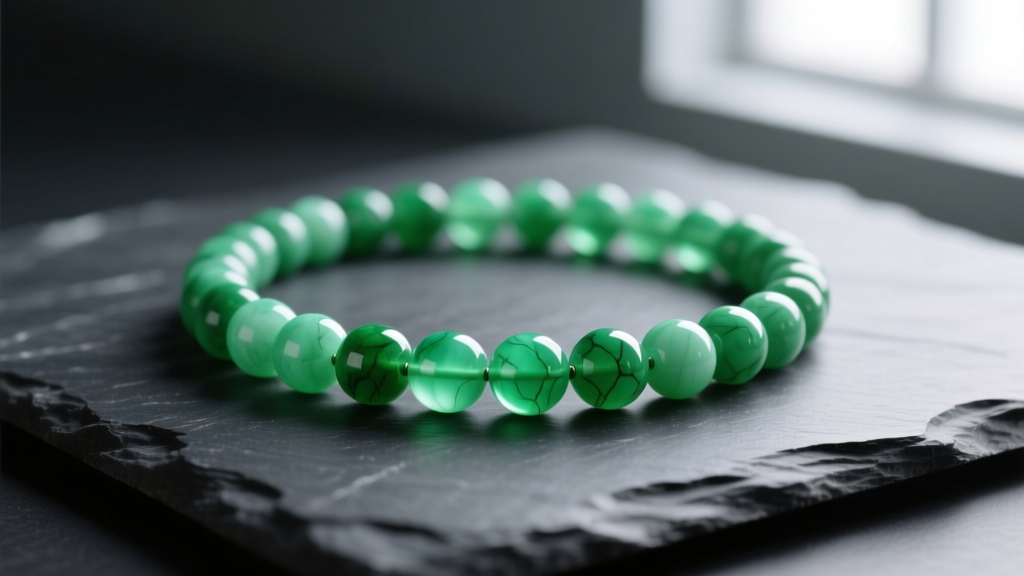 Vibrant green chrysoprase bead necklace resting on dark slate, lit by soft window light to reveal the gemstones subtle translucency
