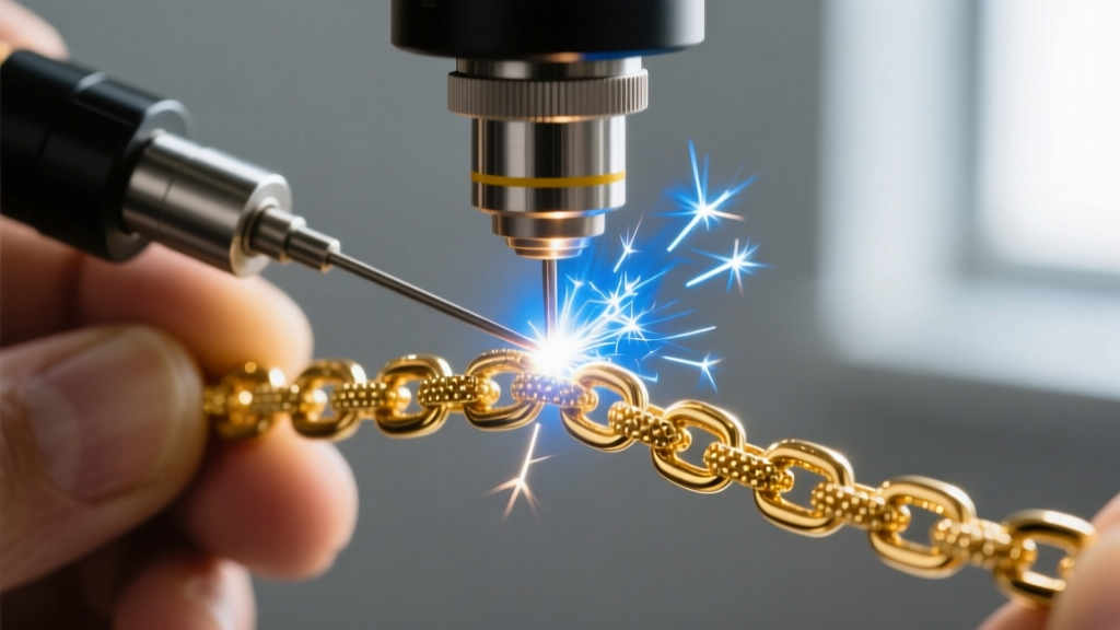 Jeweler using a laser welder on a snapped 18k gold herringbone chain, bright spark visible at the weld joint under a microscope