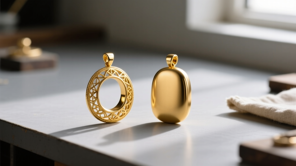 Hollow gold pendant beside a solid cast pendant on a jeweler's bench, showing the weight and value contrast in warm lighting.