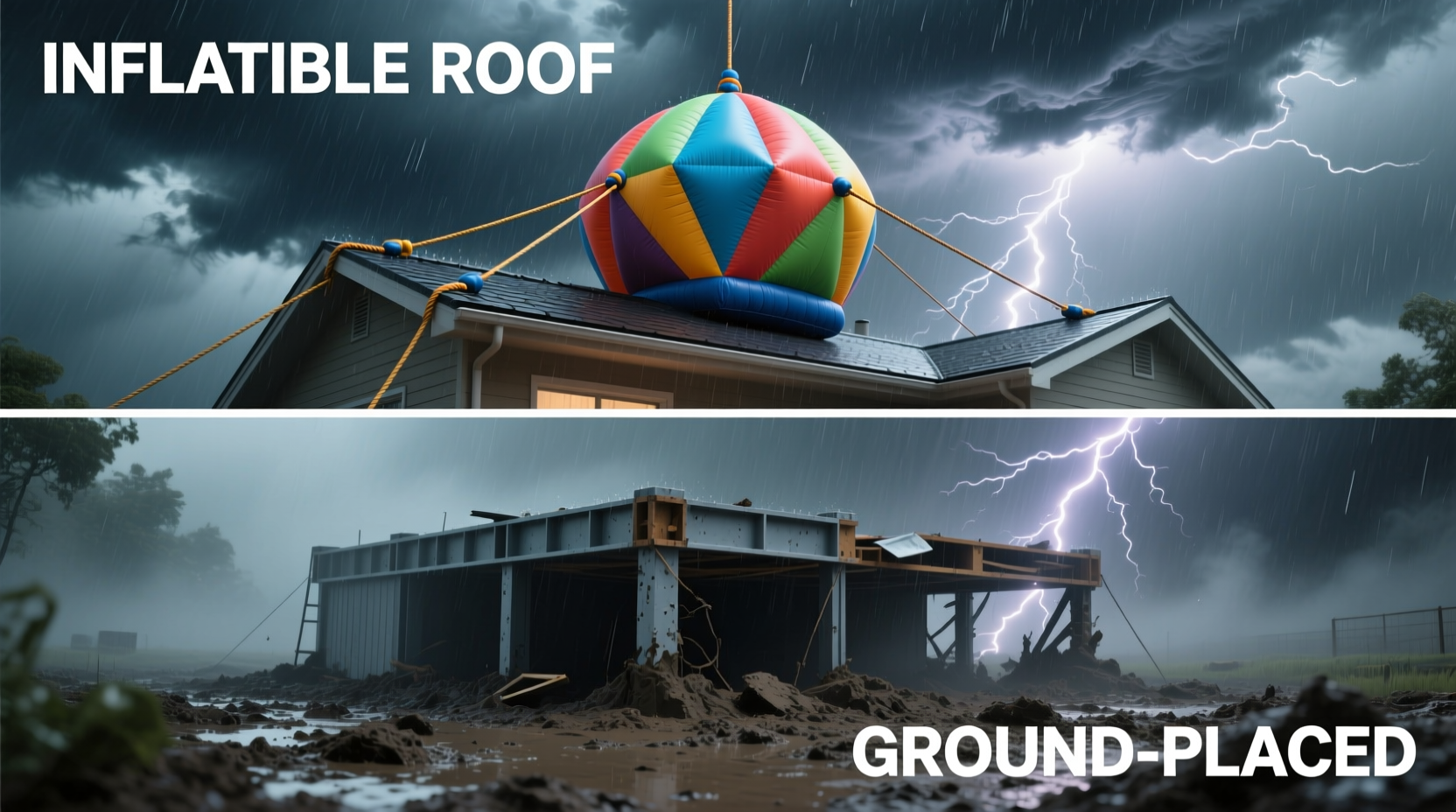 inflatable roof decorations vs ground placement which survives storms