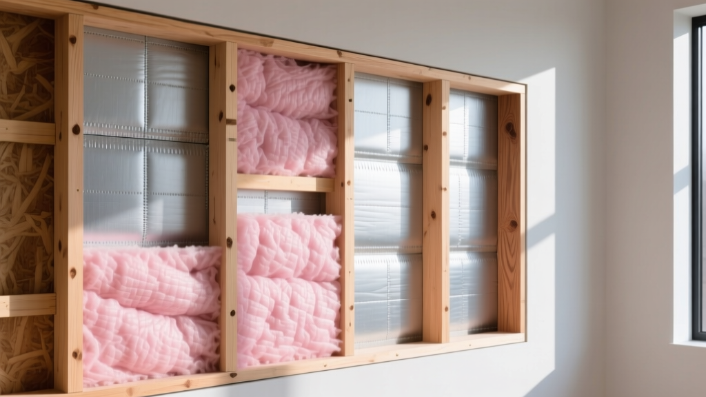 Cross-section of wood-framed wall exposing pink fiberglass batts and rigid polyiso continuous insulation layers over wooden studs