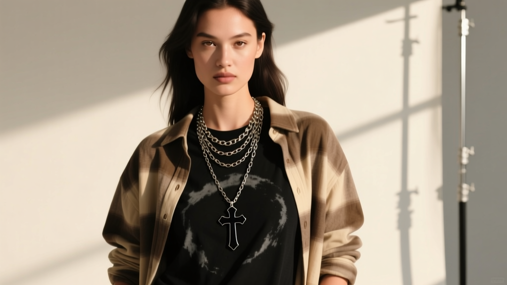 Model wearing layered necklaces featuring a darkened cross pendant over a faded black graphic tee and an open flannel shirt.
