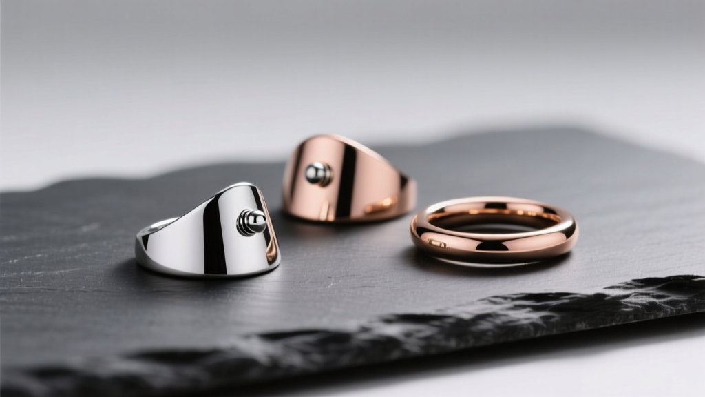 Silver and rose gold non-piercing nipple shields and tension rings resting on dark slate under soft, diffused studio lighting