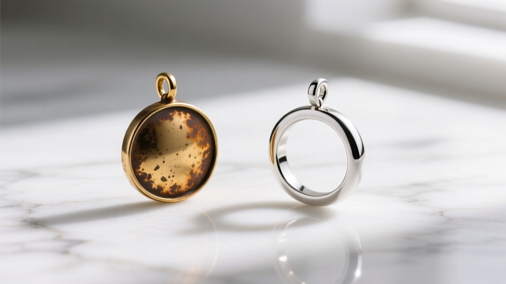 Macro shot of a tarnished gold-plated brass circle charm beside a pristine solid 14k white gold circle charm on white marble.