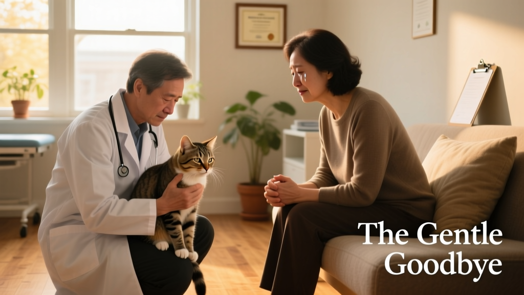 A veterinarian gently holding a senior cat’s paw while speaking calmly to the pet parent seated nearby