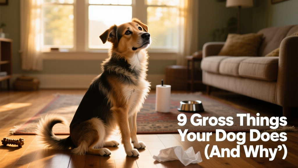 A dog sitting upright while looking back at its hind end, suggesting mild discomfort
