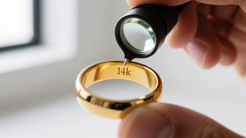 Extreme macro close-up of a jeweler using a 10x triplet loupe to inspect a tiny 14k hallmark stamped inside a gold ring band
