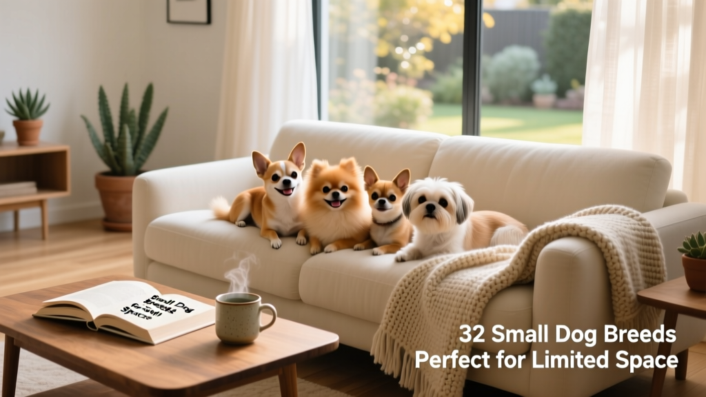 A cheerful group of small dog breeds—including a Chihuahua, Pomeranian, and Shih Tzu—relaxing together on a cozy living room sofa