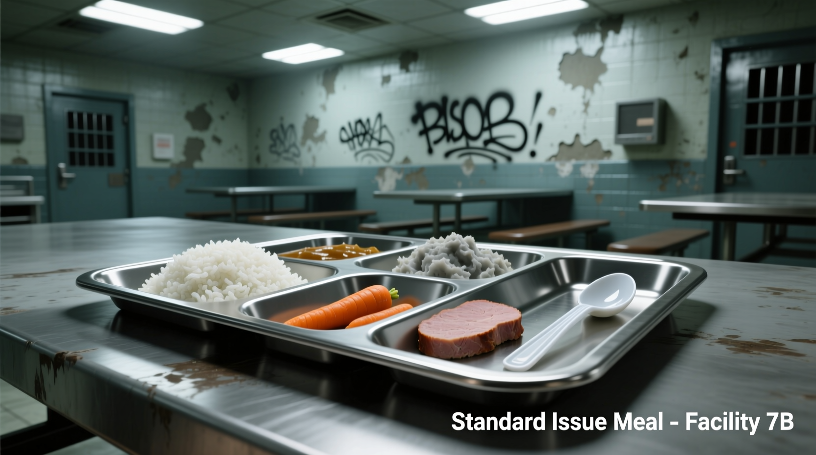 Correctional facility meal tray with standard prison food
