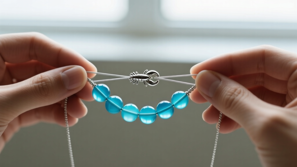 Hands restringing a blue chalcedony bead necklace with 49-strand stainless steel micro-wire and a sterling silver lobster clasp.