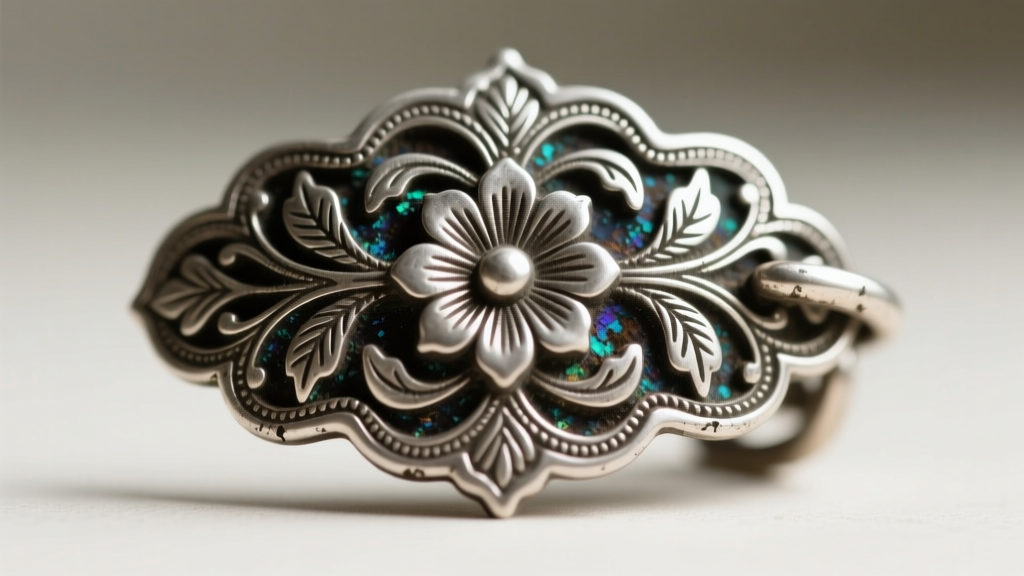 Macro shot of a Hmong silver clasp showing wear patterns and dark oxidation in the crevices of a floral repoussé design