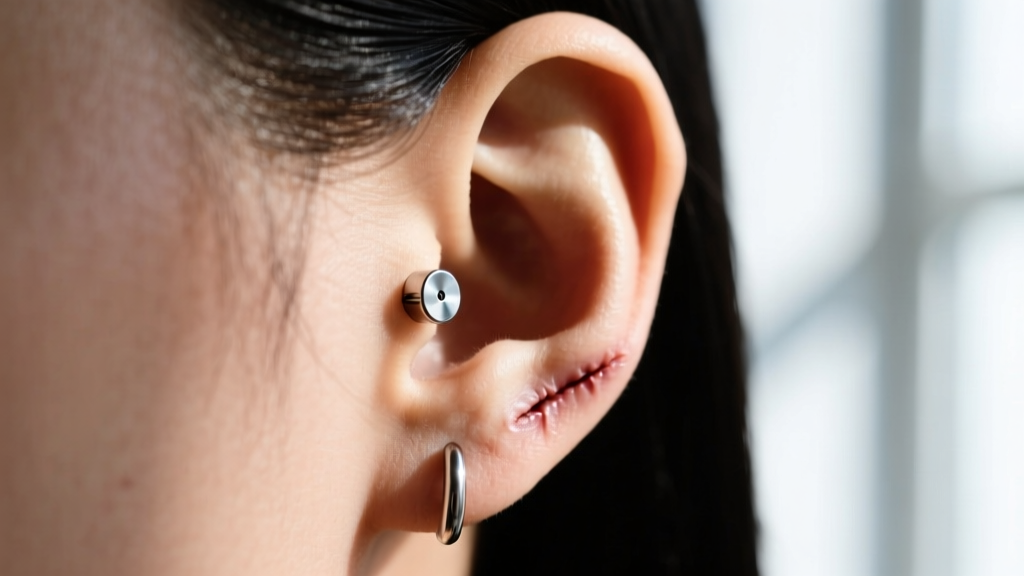Side profile of a healed cartilage piercing with a 16-gauge flat-back titanium earring, showing a flush fit to prevent snagging.