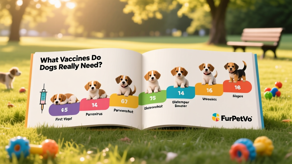 Colorful, easy-to-read vaccination timeline infographic showing puppy milestones from 6 weeks to 16 weeks, with FurPetVo logo in corner