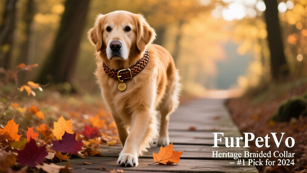 A golden retriever wearing a FurPetVo Heritage Braided Collar during a walk in autumn woods