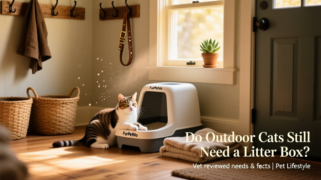 A relaxed cat using a FurPetVo litter box in a quiet corner of a sunlit mudroom