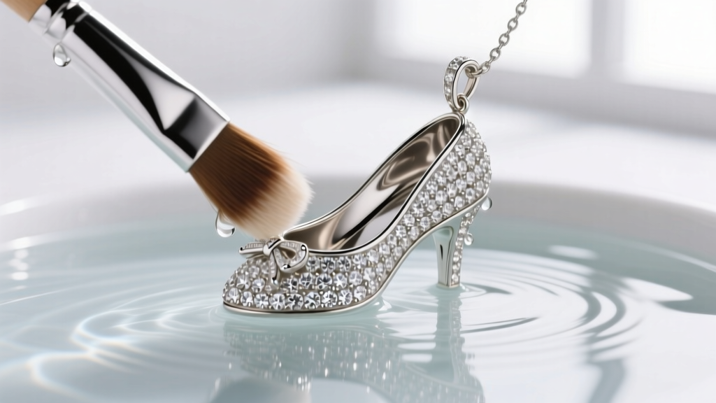 Soft-bristled brush gently cleaning deep crevices of a diamond-accented ballerina slipper pendant submerged in mild soapy water.