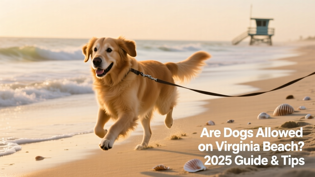 A golden retriever happily running along the sandy shoreline at sunrise, leash visible but loose