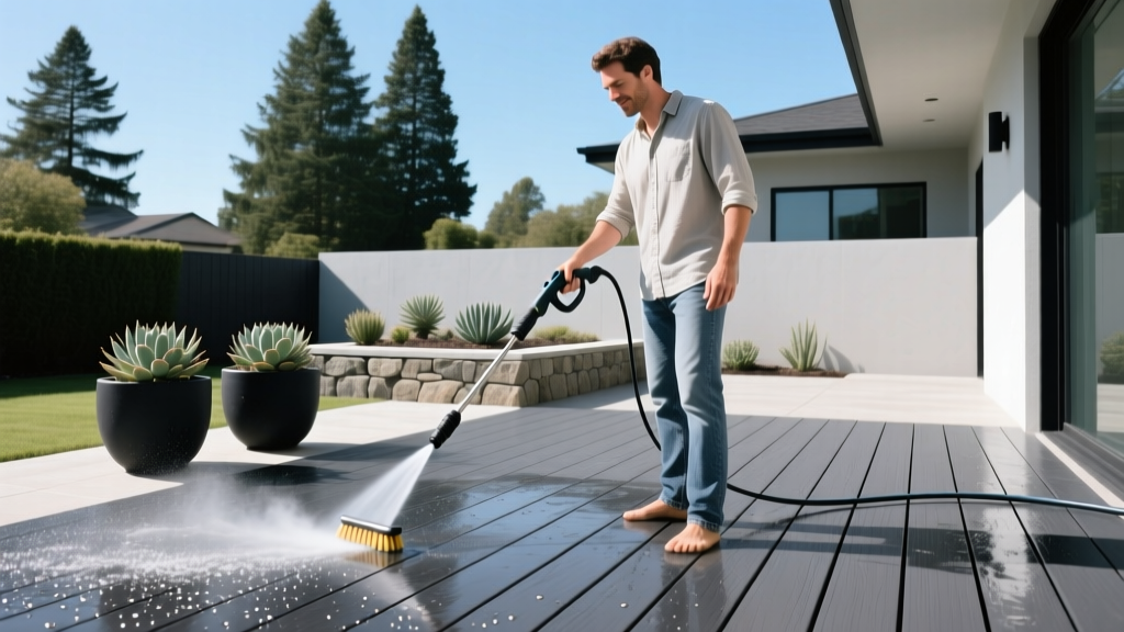 Homeowner using a low-pressure power washer and soft bristle brush to clean dark gray composite decking boards on a modern backyard patio