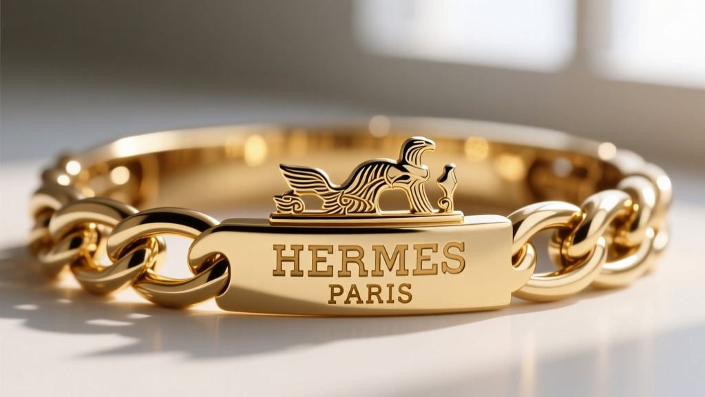 Extreme close-up of the French eagle head hallmark and HERMES PARIS engraving on a gold Chaine d