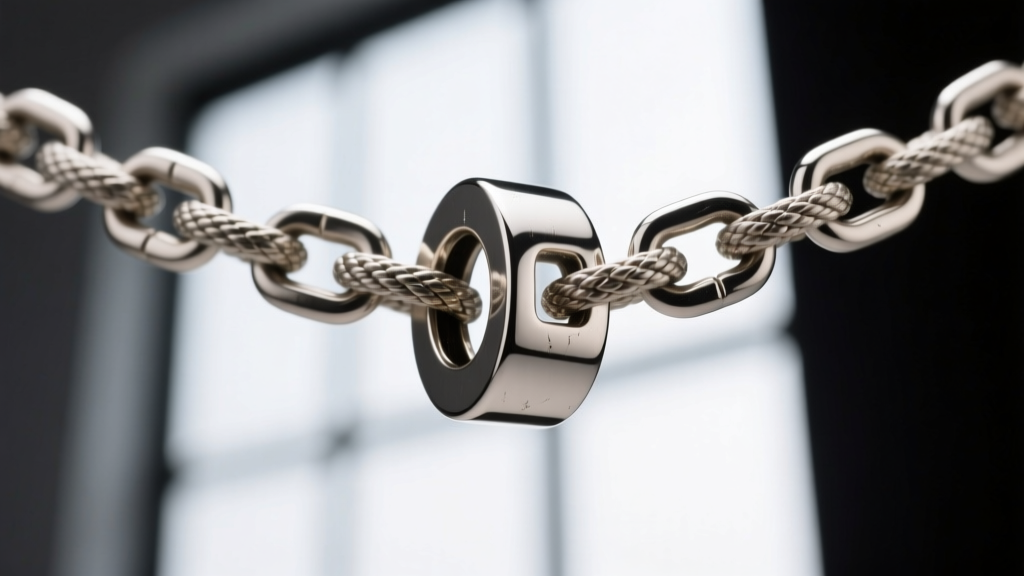 Macro shot of a steel pendant bail on a 4mm rope chain, highlighting the clearance gap to prevent flipping and snagging