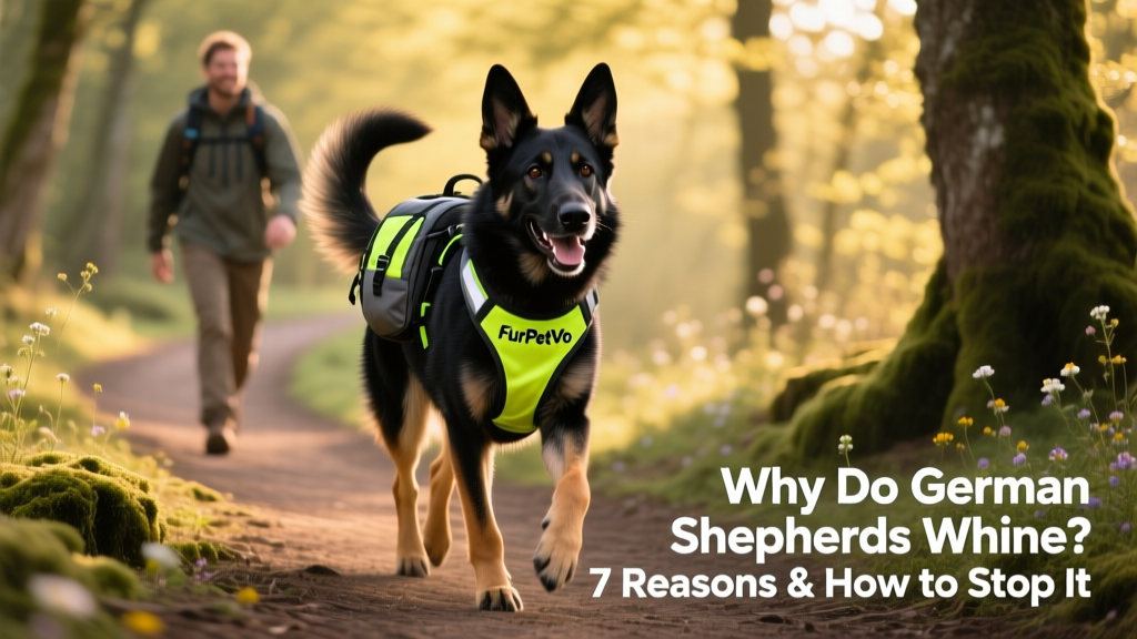 Happy German Shepherd walking confidently on a trail with owner, wearing a FurPetVo reflective harness and carrying a lightweight backpack