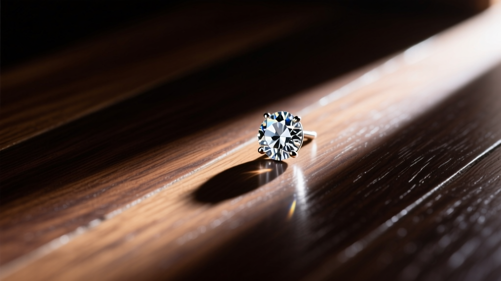 Close-up of a diamond stud earring on dark hardwood floor, illuminated by low-angle flashlight beam casting a long dramatic shadow.