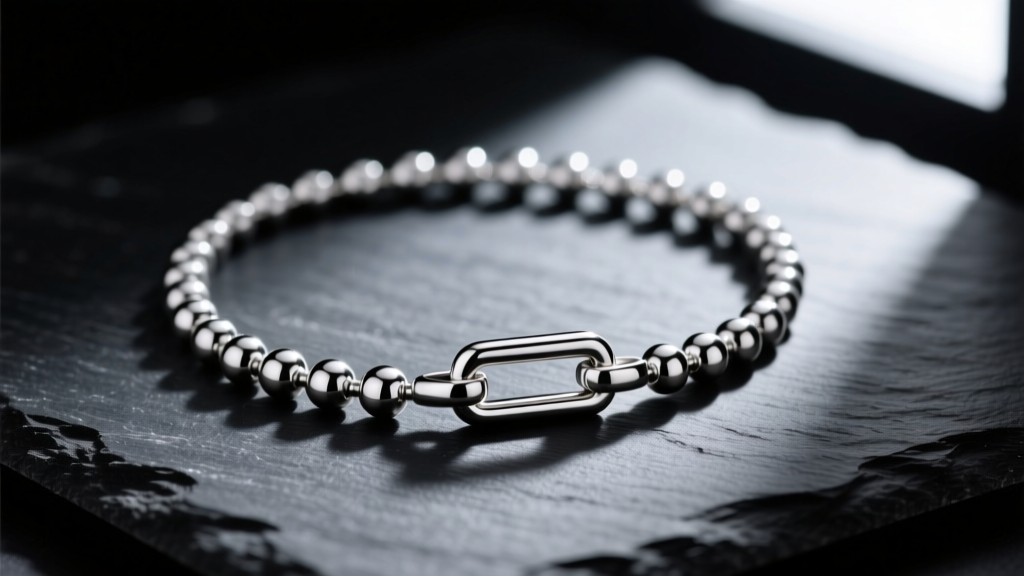 Macro shot of a 3.2mm stainless steel ball chain necklace and tubular clasp resting on dark slate under dramatic side lighting.