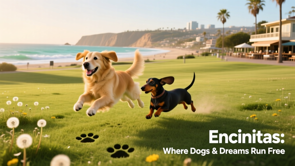 Two dogs playing together in a grassy, open dog park with city views in the background