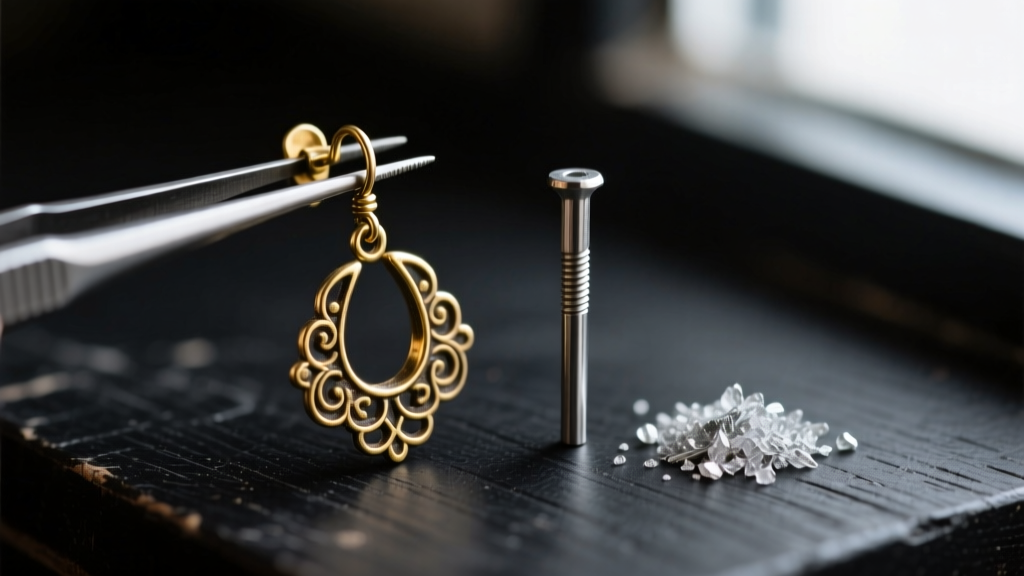 Macro shot of a vintage brass clip-on earring held by tweezers beside a 20-gauge titanium post and silver solder on a dark bench.