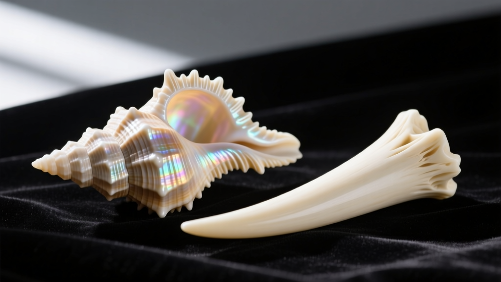 Macro view of genuine tapered dentalium shell showing growth rings beside a uniform carved bone imitation tusk on dark velvet
