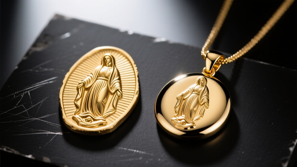 Close-up of an unpolished die-struck gold Virgin Mary blank next to a finished high-polish pendant on a jeweler's workbench.