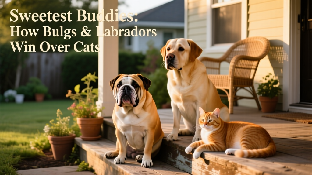 English Bulldog and Labrador sitting calmly beside a relaxed ginger cat on a sunlit porch