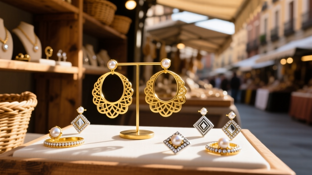 Vibrant artisan market stall in Madrid displaying intricate 18k gold hoop earrings and silver studs under warm, inviting sunlight.